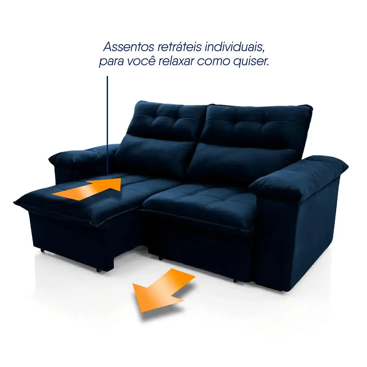 Sofá retrátil reclinável Verona azul marinho em suede velut com assentos individuais estendidos.