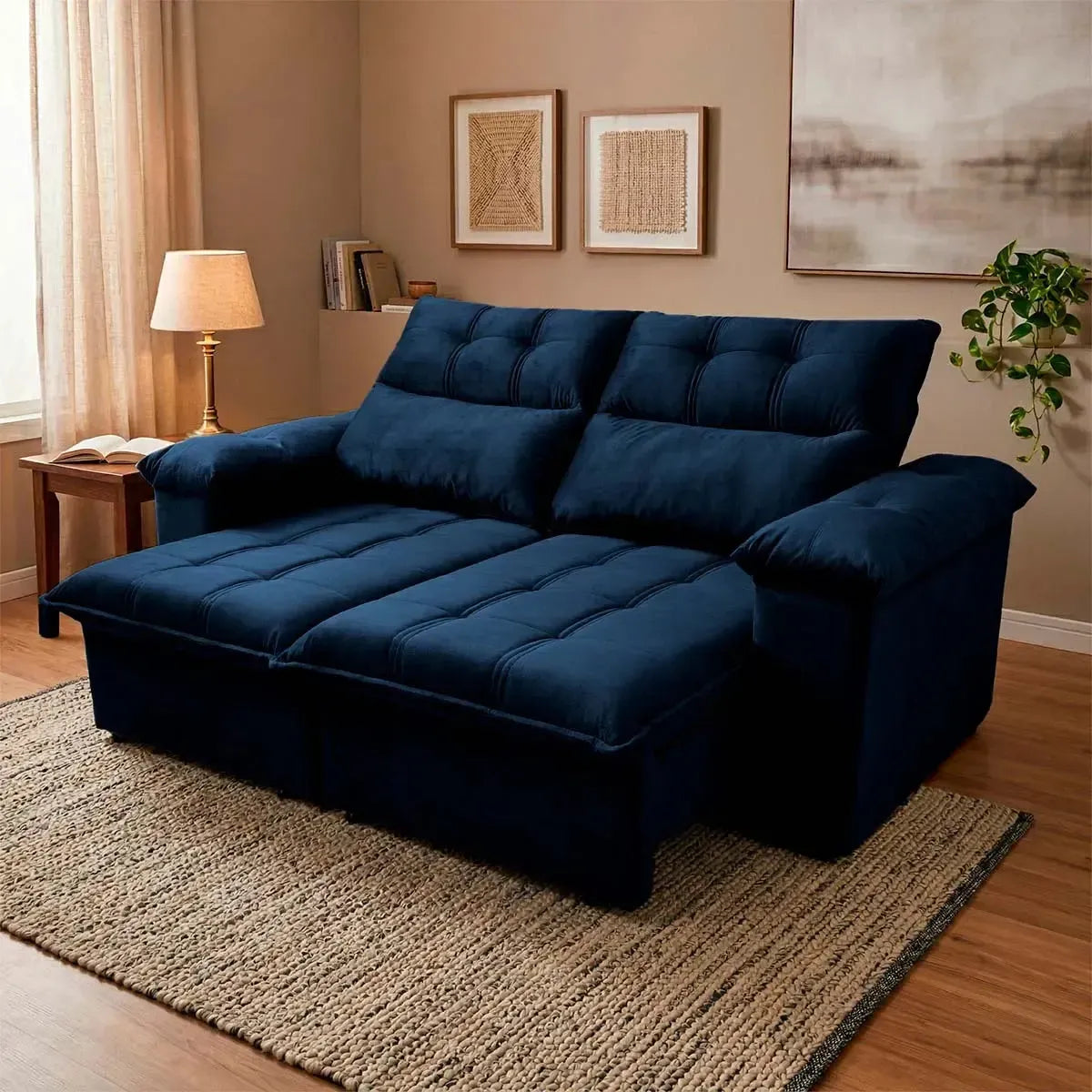 Sofá retrátil reclinável Verona azul marinho em suede velut, com assento estendido e molas.