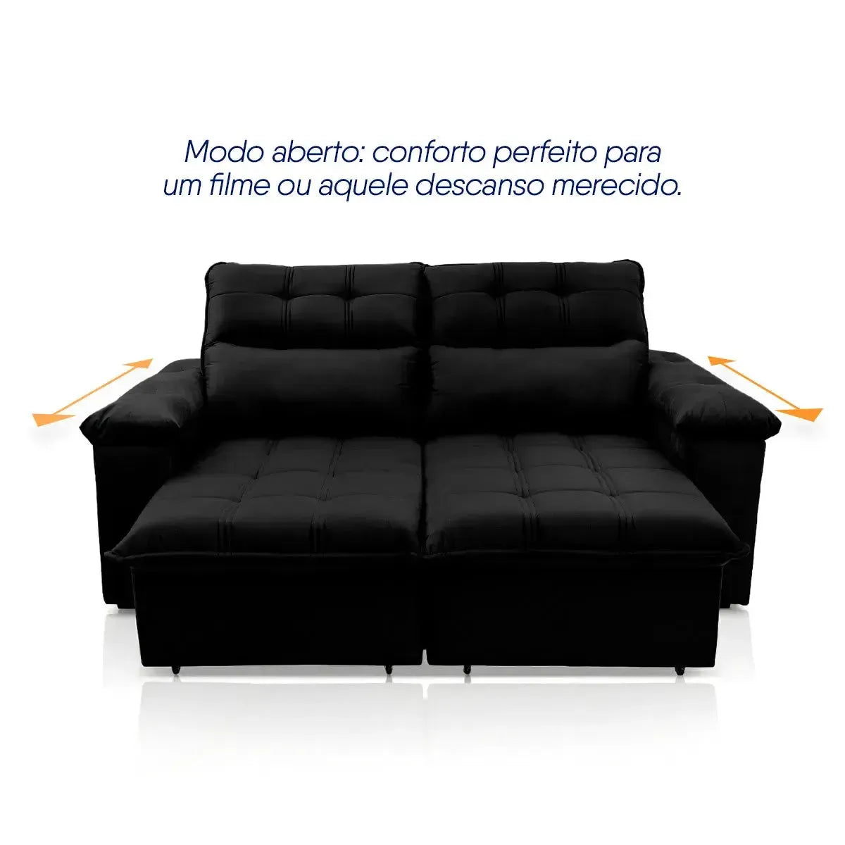 Sofá retrátil reclinável Verona preto em suede velut, com assento estendido para máximo conforto.