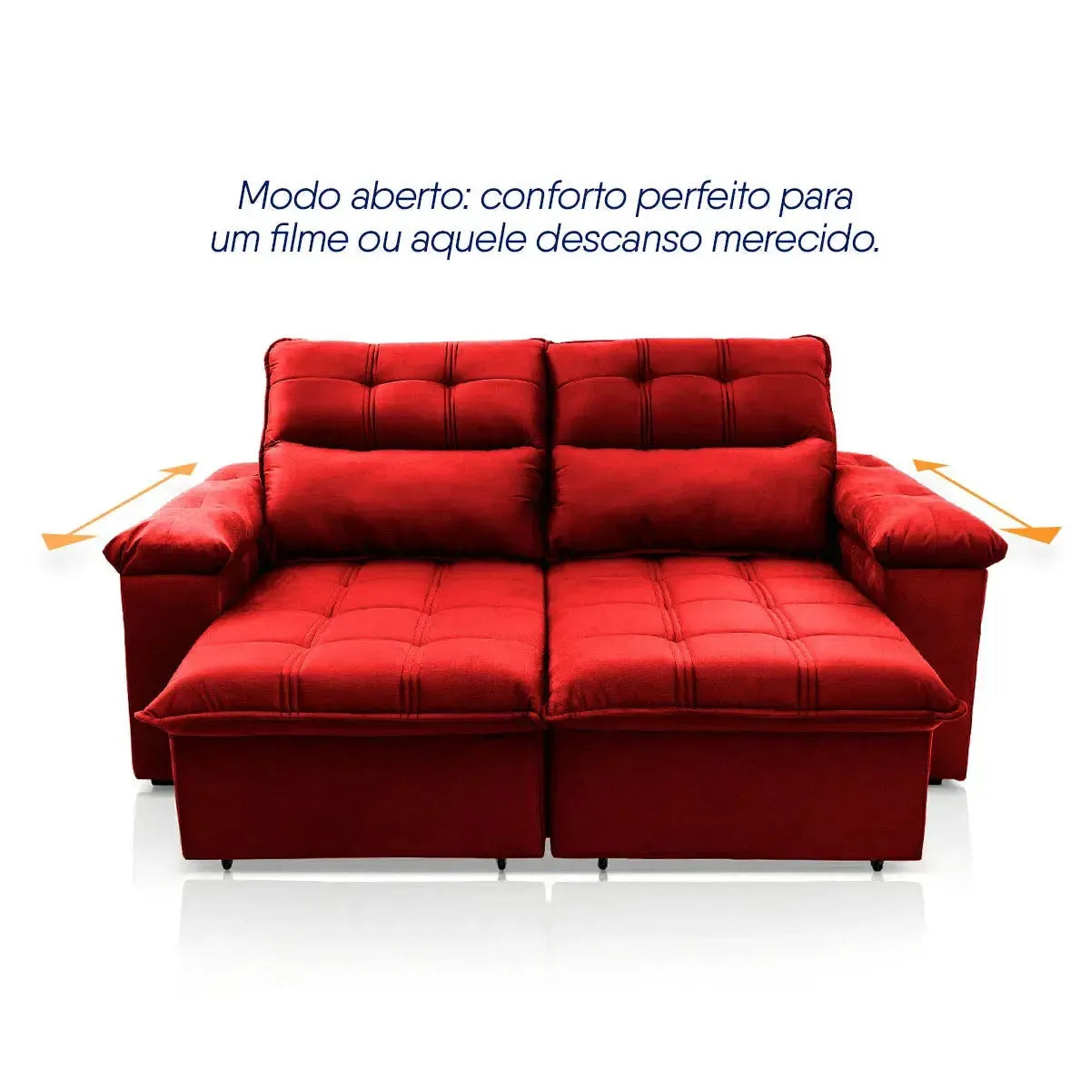 Sofá retrátil reclinável Verona vermelho em suede velut, com assento estendido para conforto.