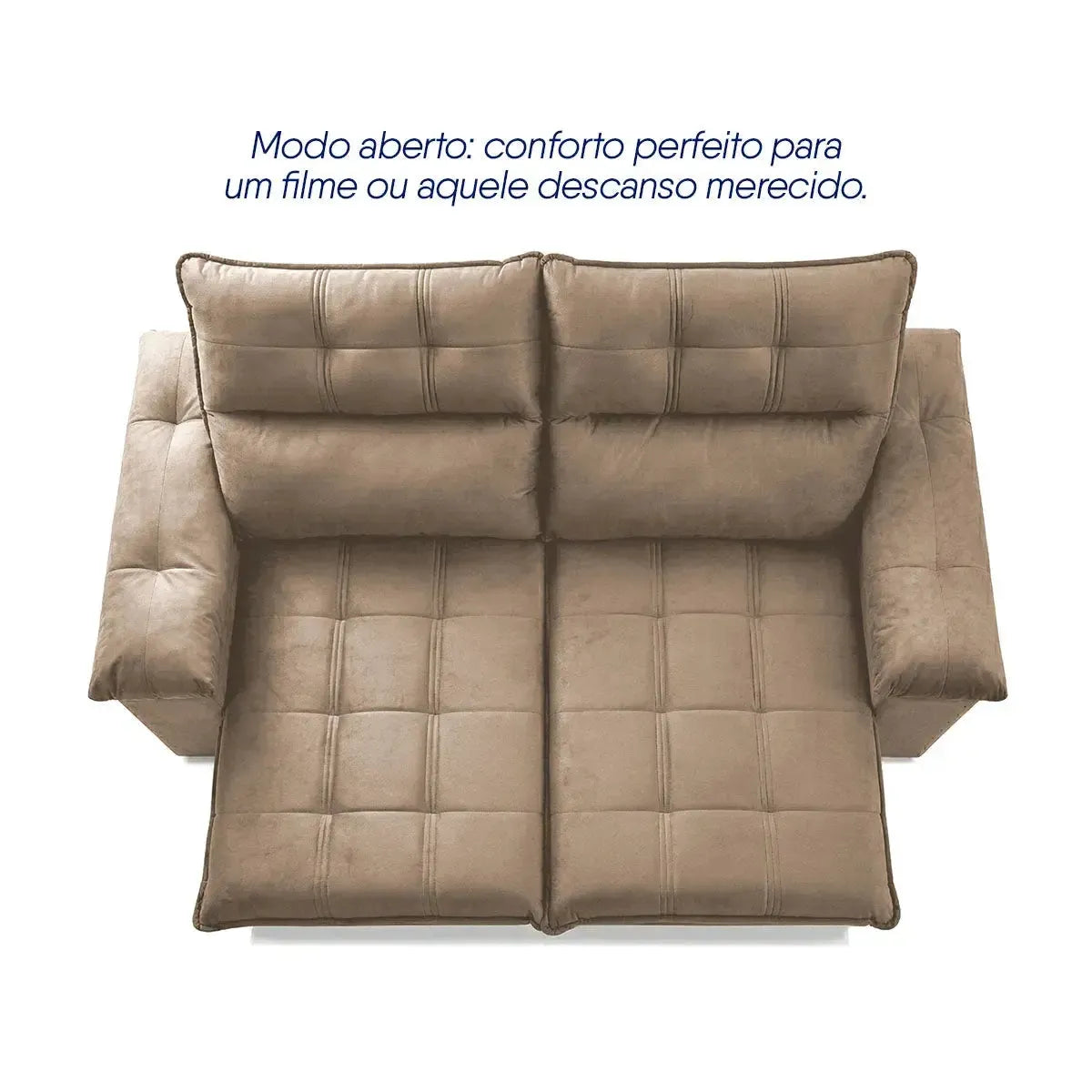 Sofá Retrátil Reclinável Verona 2,00m Suede Velut Bege com molas, em modo aberto.