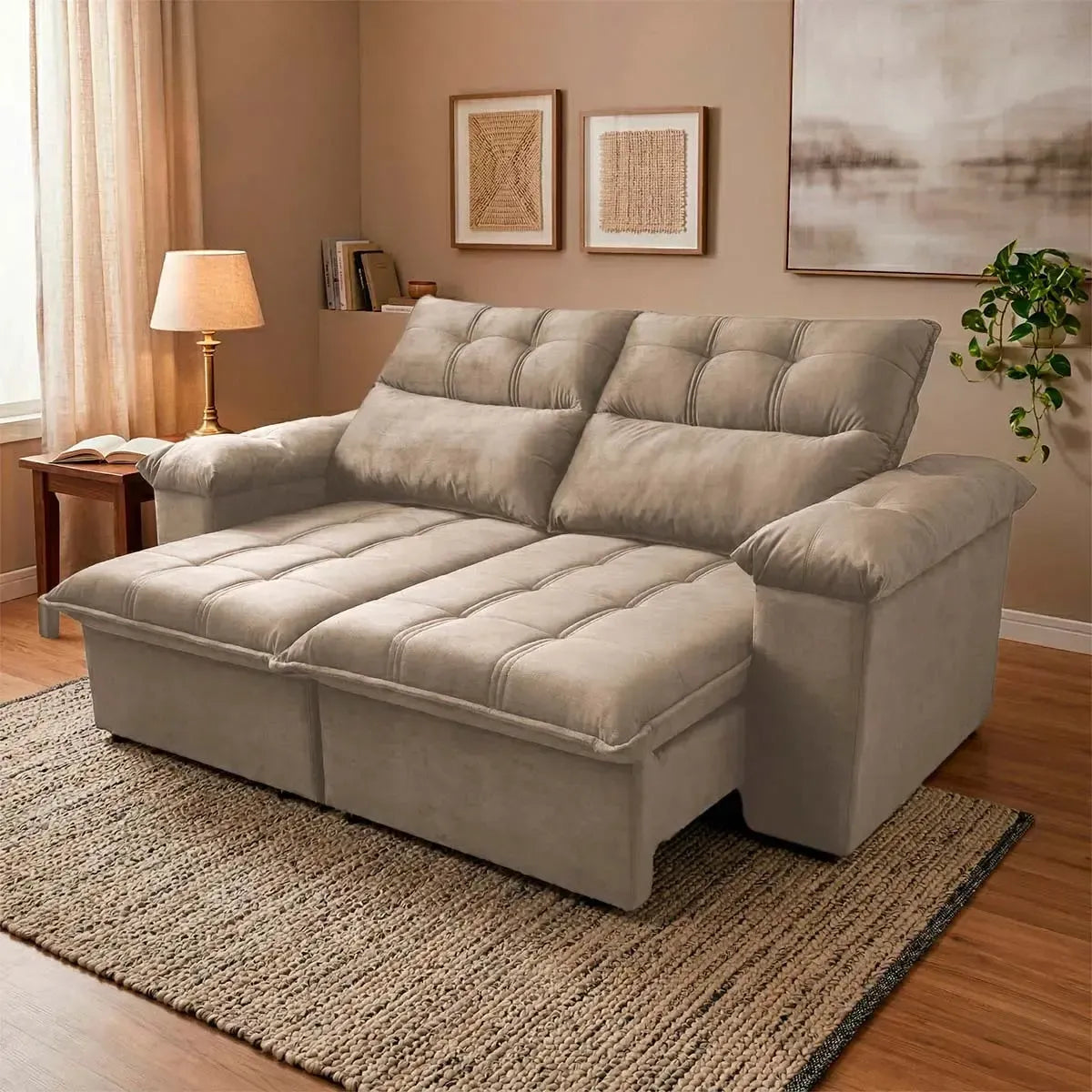 Sofá retrátil reclinável Verona 2,00m em suede velut bege com molas no assento.