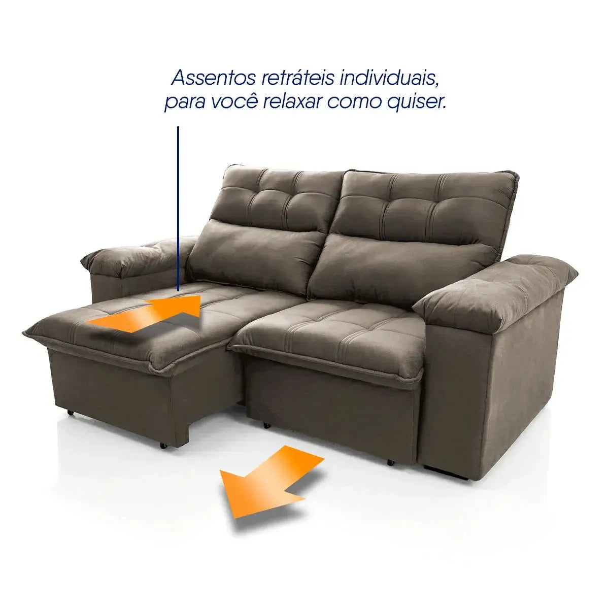 Sofá retrátil reclinável Verona 2,00m em suede velut marrom claro, com assentos individuais e molas.