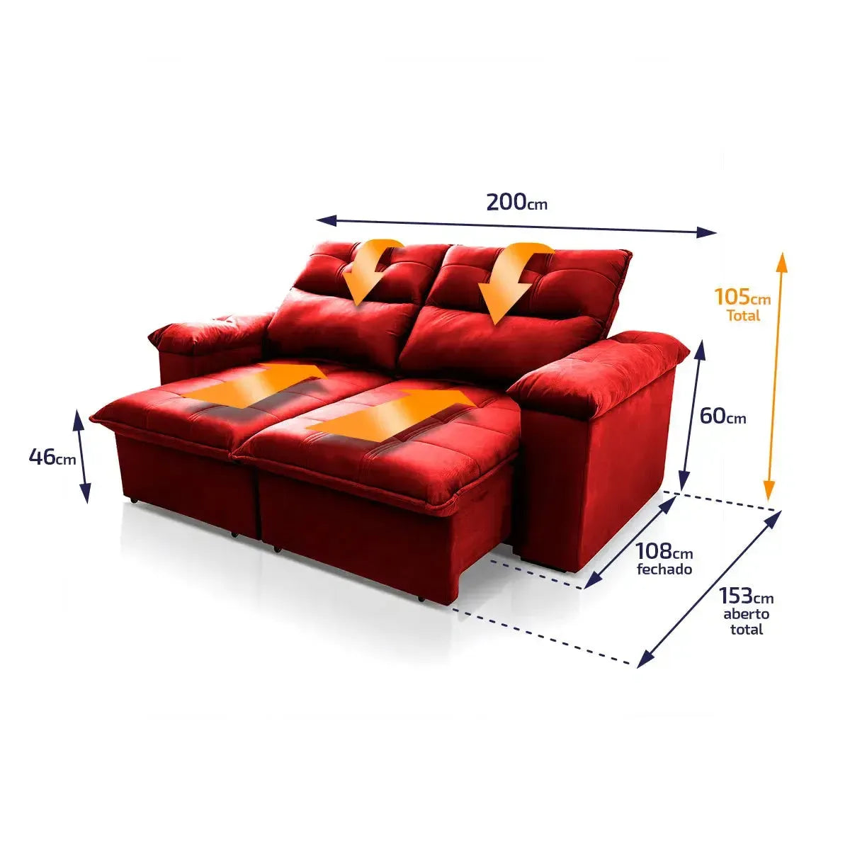 Sofá retrátil reclinável Verona vermelho 2,00m em suede velut com molas no assento e dimensões detalhadas.