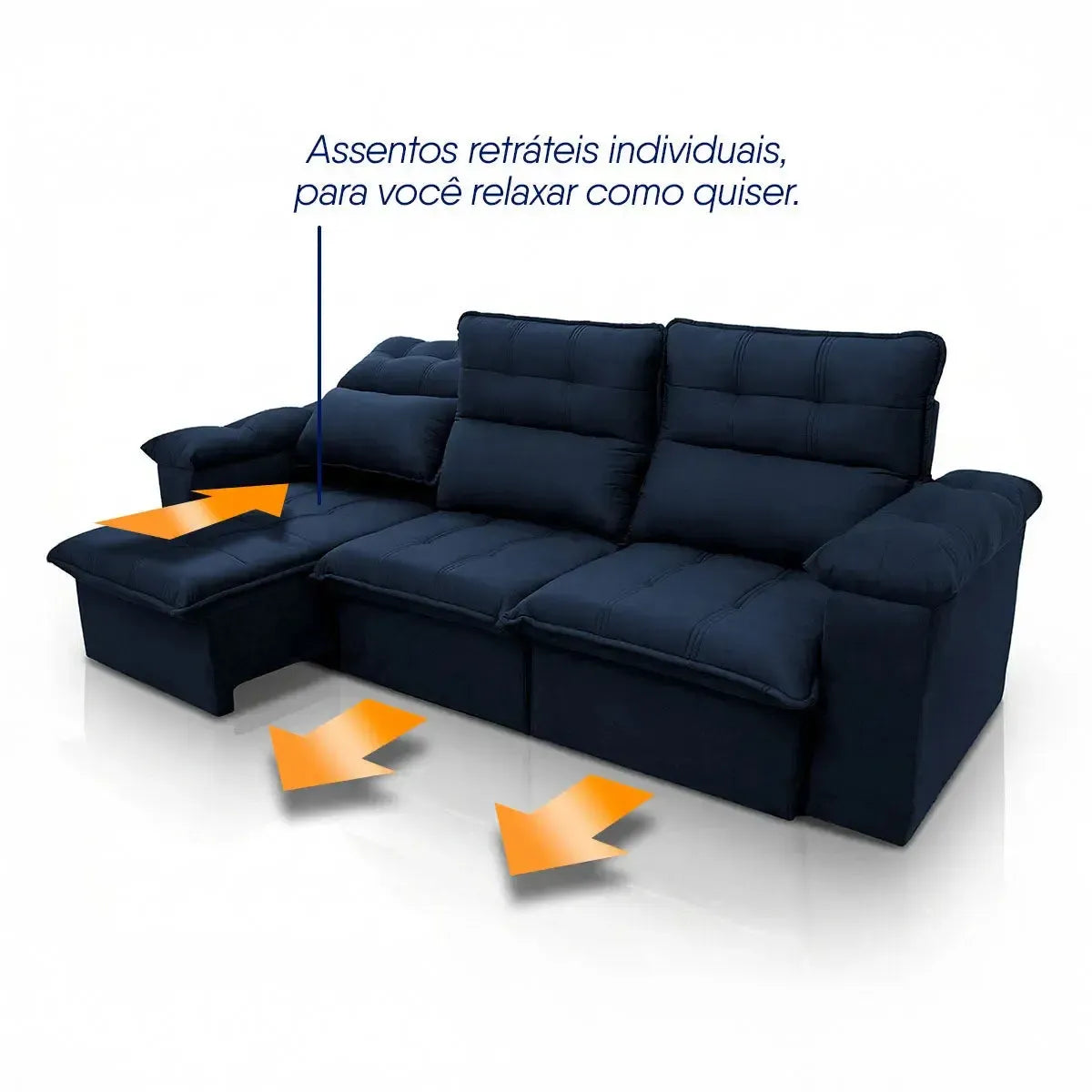 Sofá retrátil reclinável Verona azul marinho em suede velut, com assentos individuais e molas.