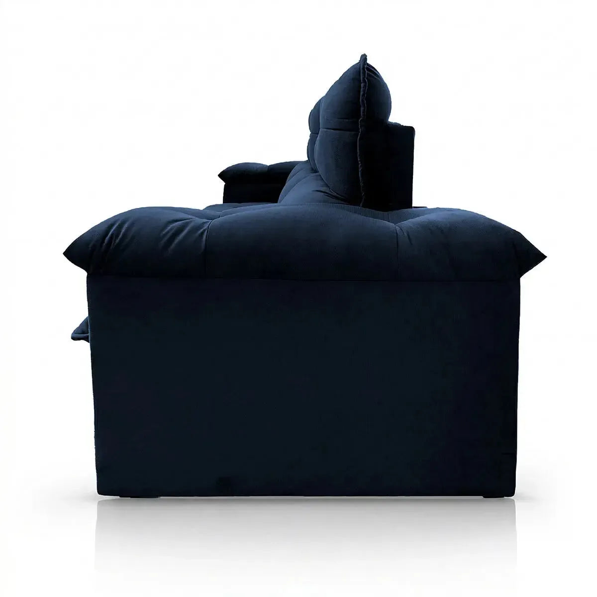 Sofá retrátil reclinável Verona azul marinho em suede velut, com molas no assento.