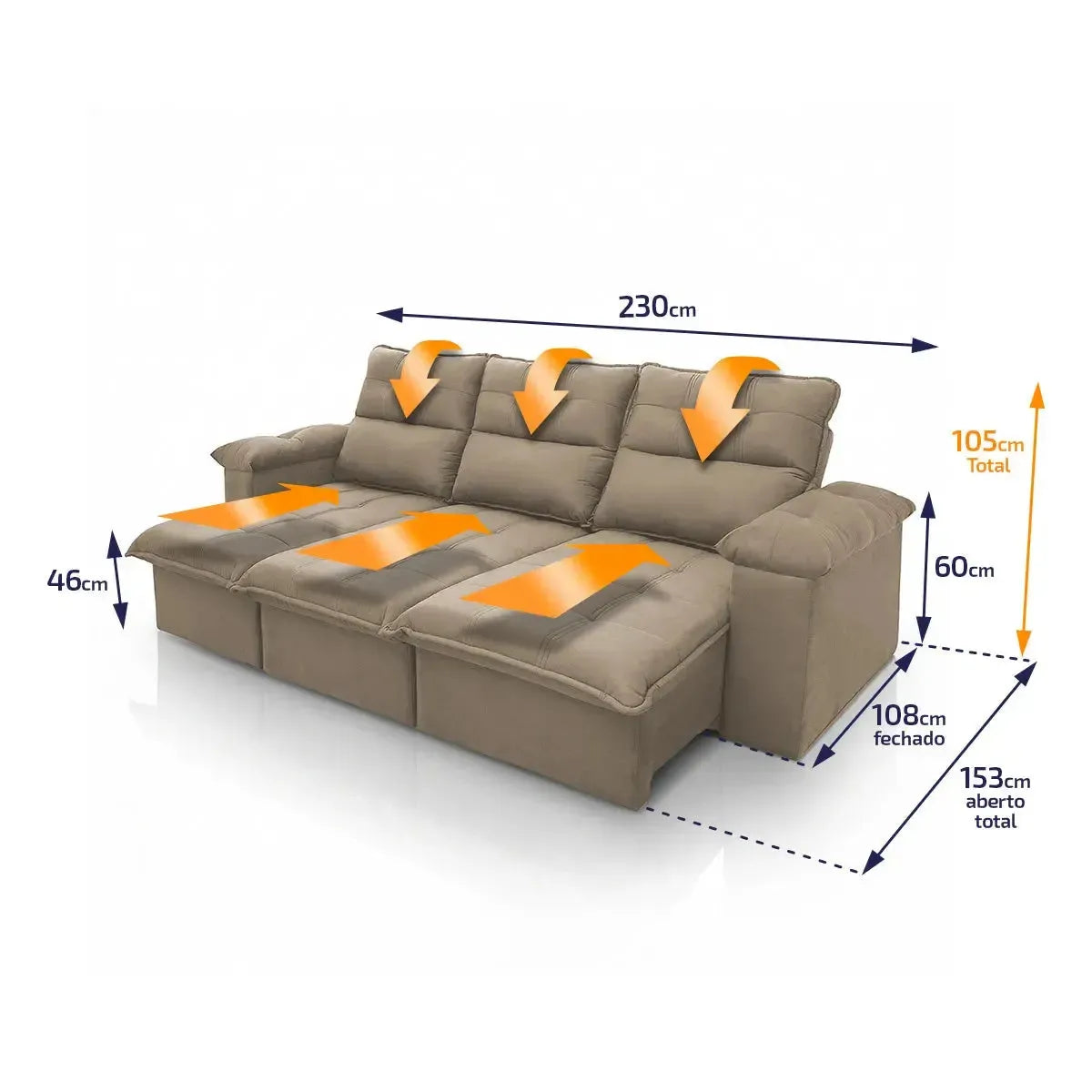 Sofá retrátil reclinável Verona 2,30m em suede velut bege com molas, mostrando dimensões.