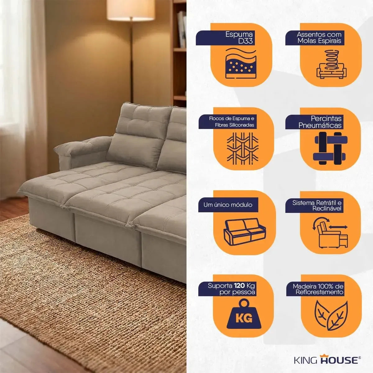 Sofá retrátil reclinável Verona bege de suede velut com molas no assento e encosto ajustável.