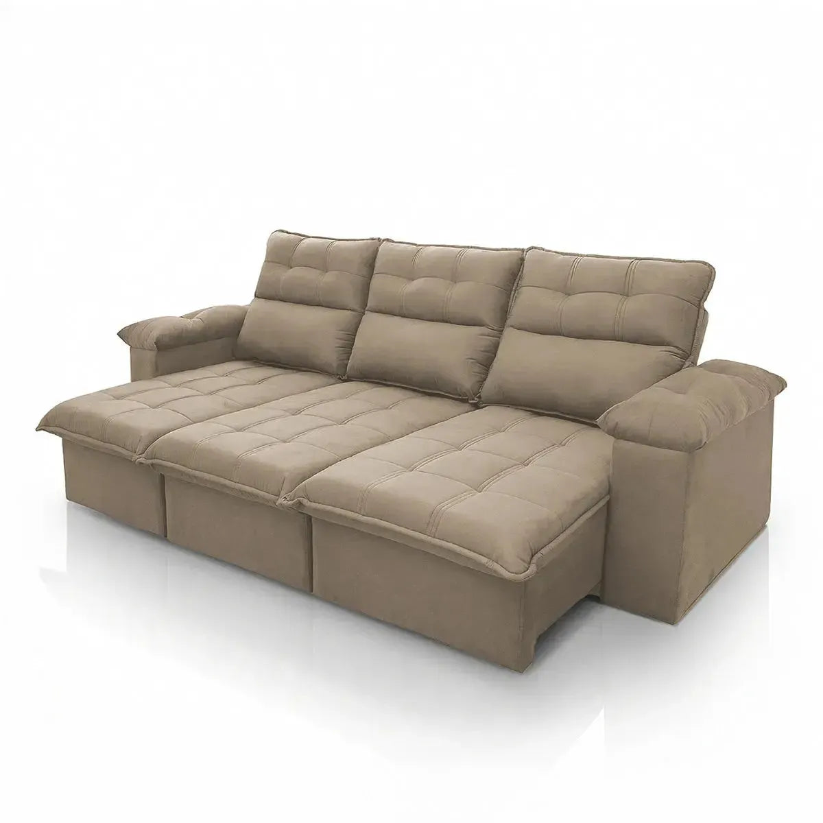Sofá retrátil reclinável Verona 2,30m em suede velut bege com molas no assento.