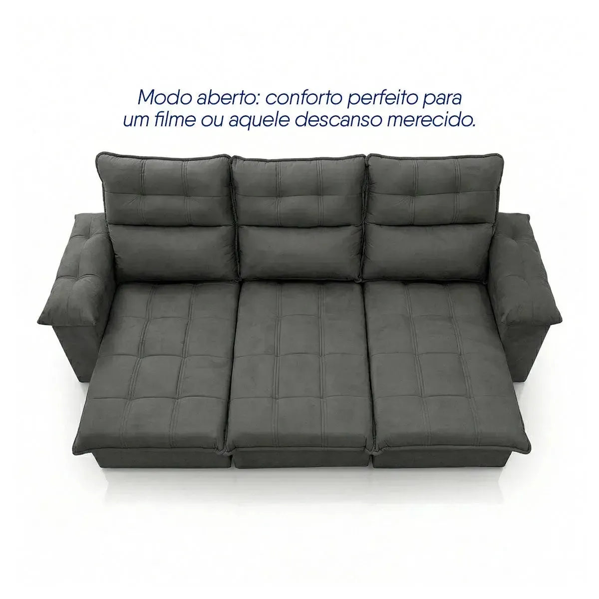 Sofá retrátil reclinável Verona cinza suede velut com assentos estendidos para conforto.