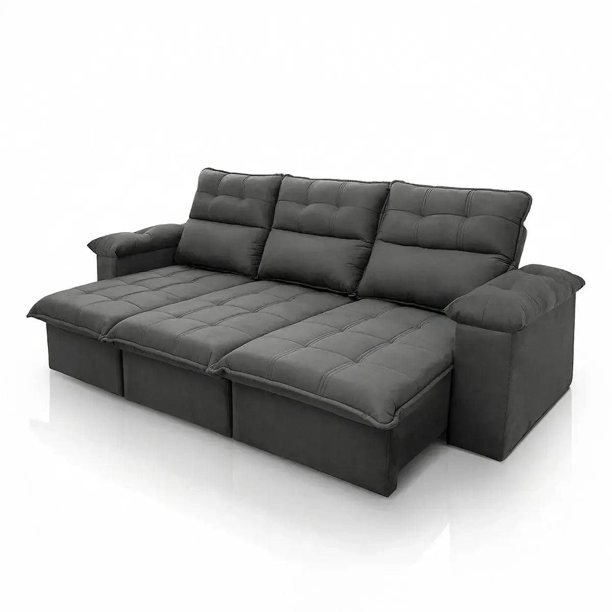 Sofá retrátil reclinável Verona 2,30m em suede velut cinza com molas no assento.