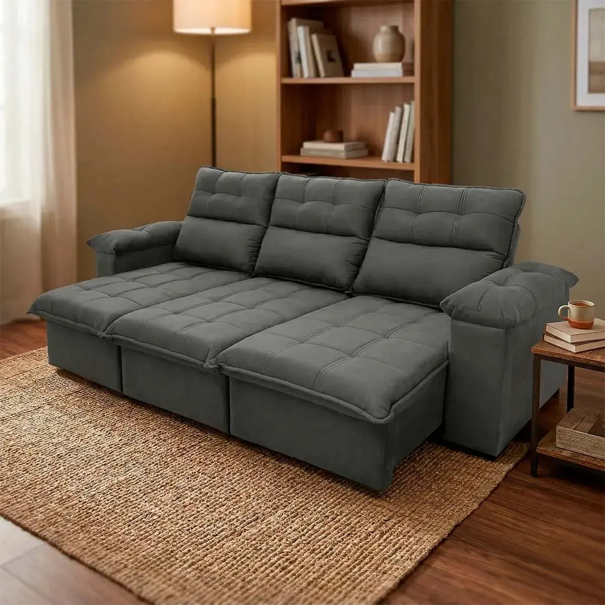Sofá retrátil reclinável Verona 2,30m em suede velut cinza com molas no assento.
