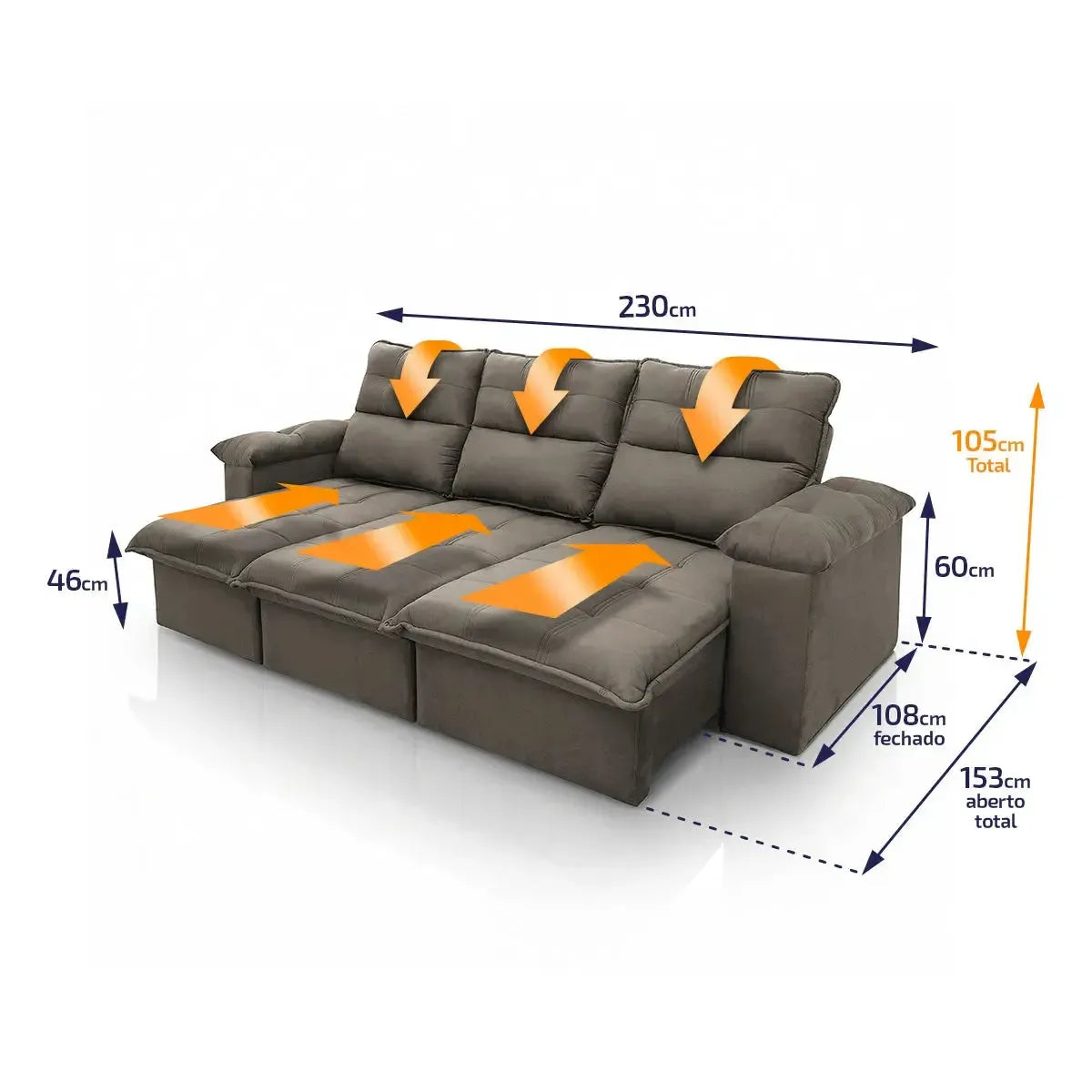 Sofá retrátil reclinável Verona 2,30m em suede velut marrom claro com molas, mostrando dimensões.
