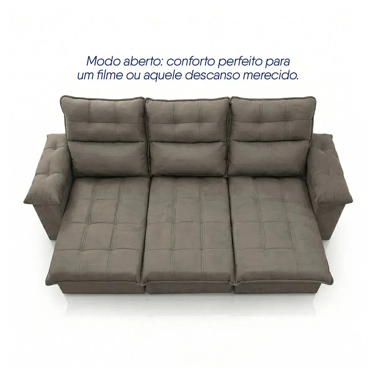 Sofá retrátil reclinável Verona 2,30m em suede velut marrom claro, com assentos estendidos para conforto.