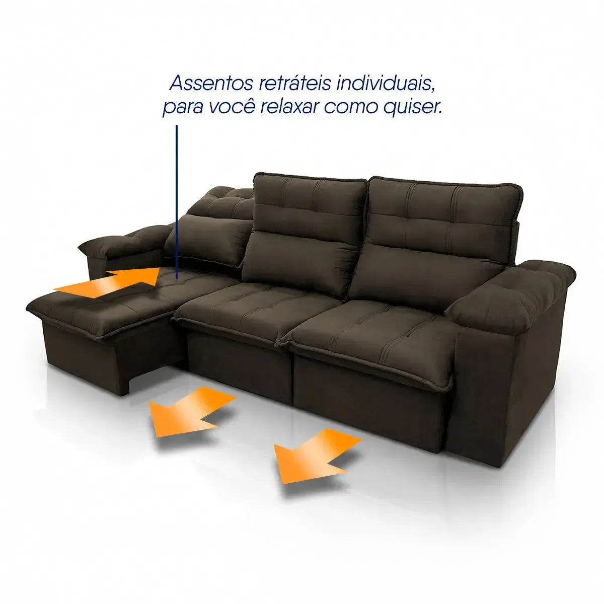 Sofá retrátil reclinável Verona 2,30m em suede velut marrom com assentos individuais.