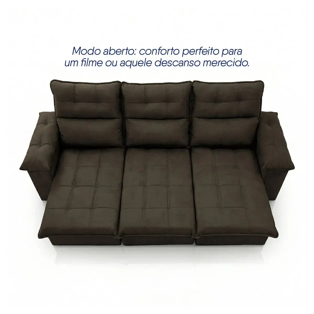Sofá retrátil reclinável Verona marrom suede velut, com assentos estendidos para conforto.