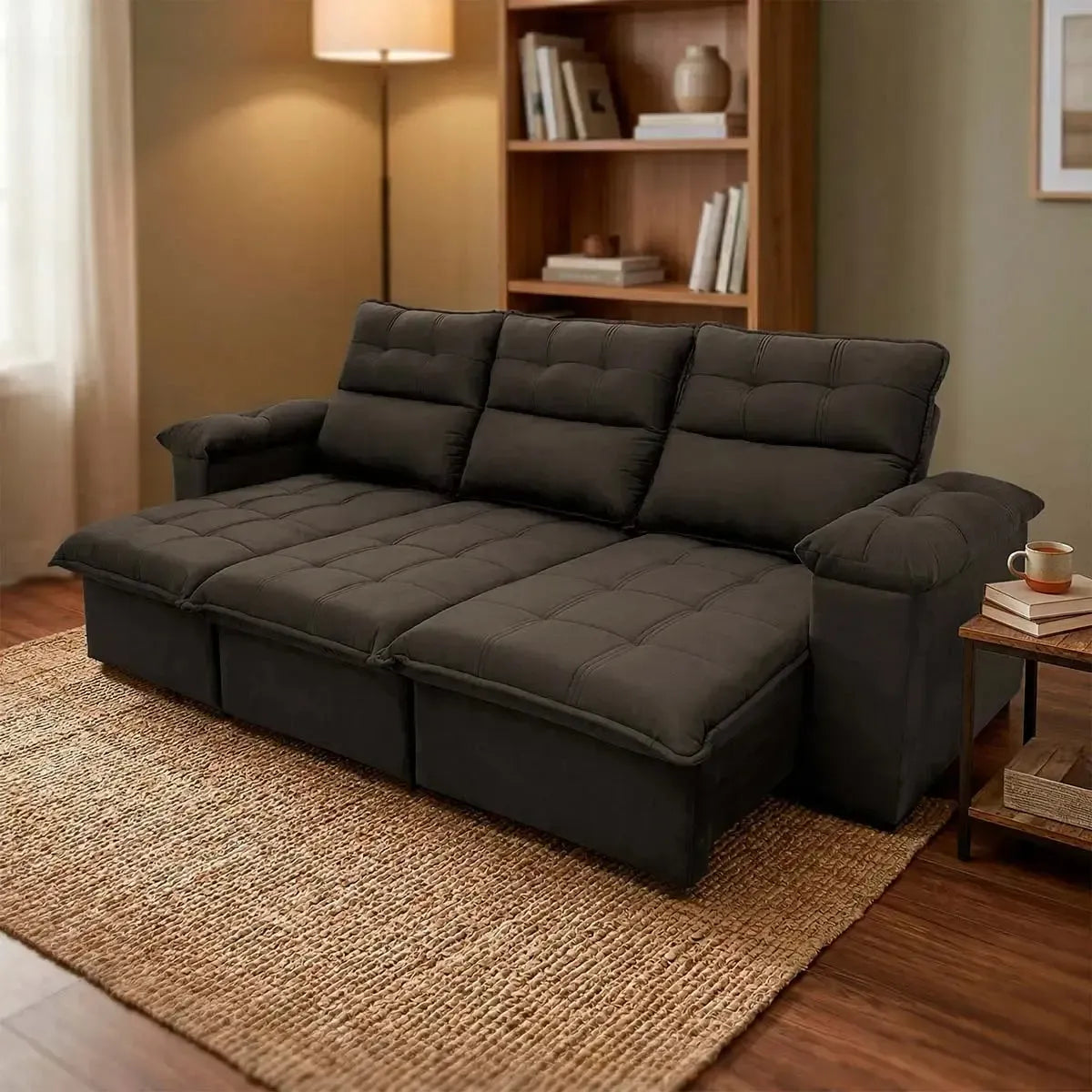 Sofá retrátil reclinável Verona marrom escuro em suede velut, com molas no assento e design moderno.