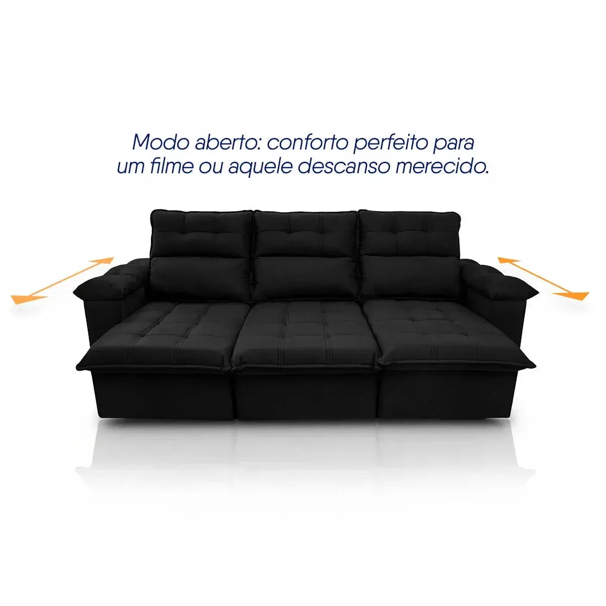 Sofá retrátil reclinável Verona preto em suede velut, com 3 lugares e assento estendido para conforto.