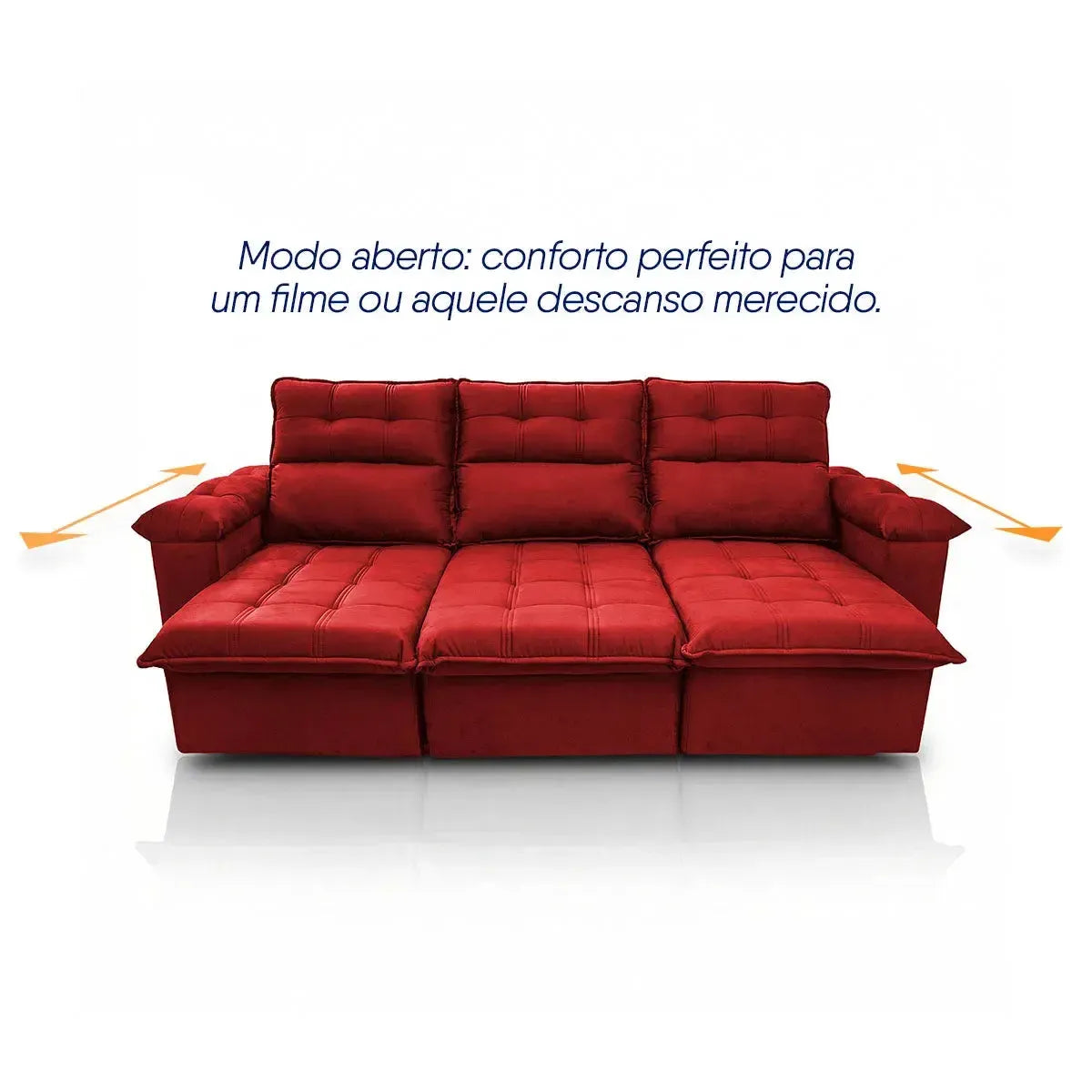 Sofá retrátil reclinável Verona vermelho em suede velut, com assento estendido para conforto.
