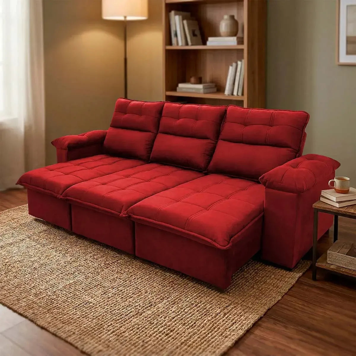 Sofá retrátil reclinável Verona vermelho de suede velut, com molas no assento, em ambiente aconchegante.