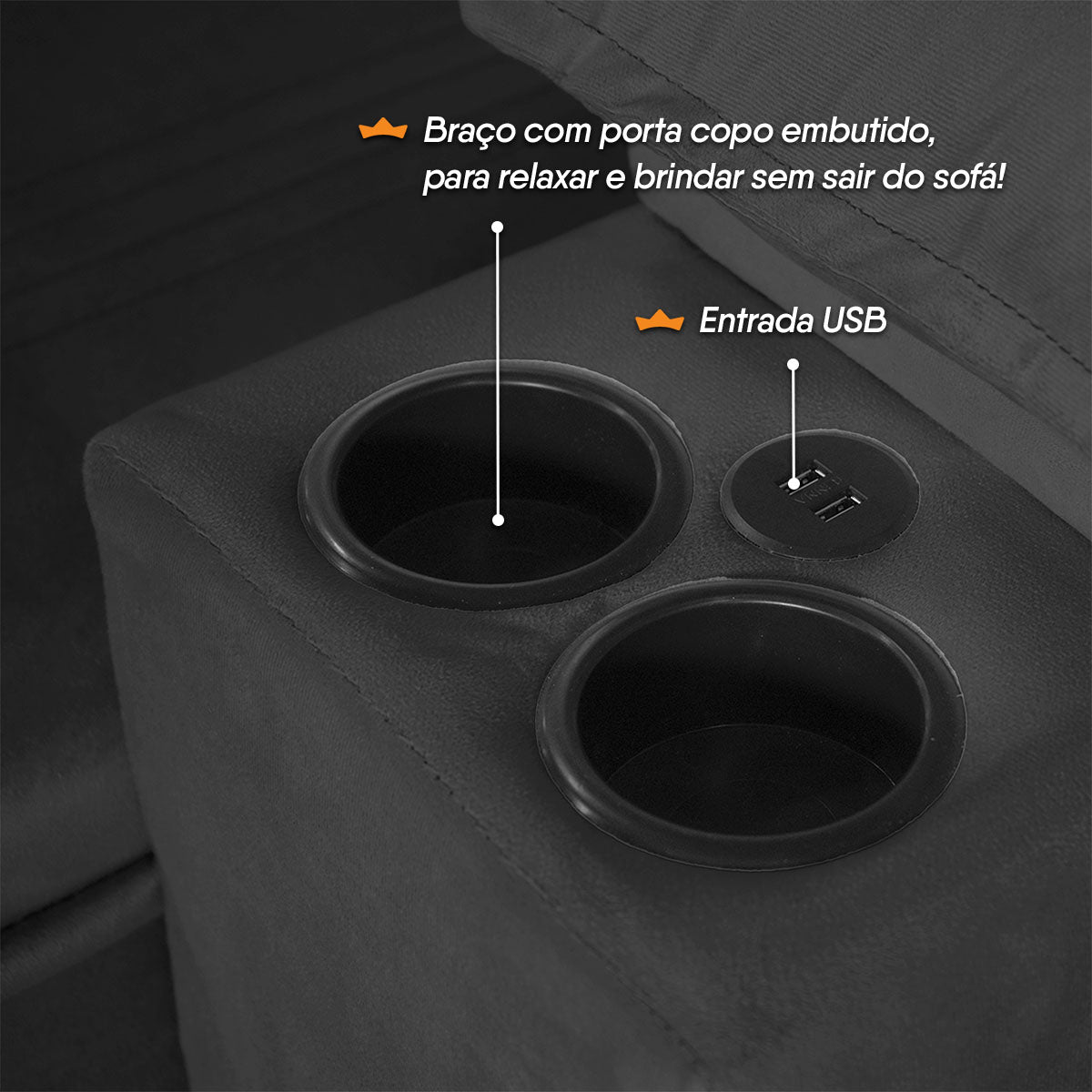 Sofá Retrátil Tesla 2,20m USB e Porta Copo Suede Preto