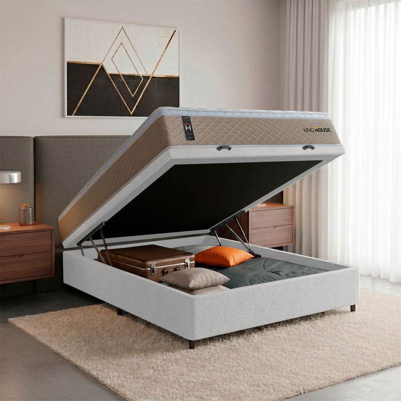 Cama Box Baú Alford 138x188 Bege e Branco c/ Molas Ensacadas Espuma D26 Suporta 110 kg
