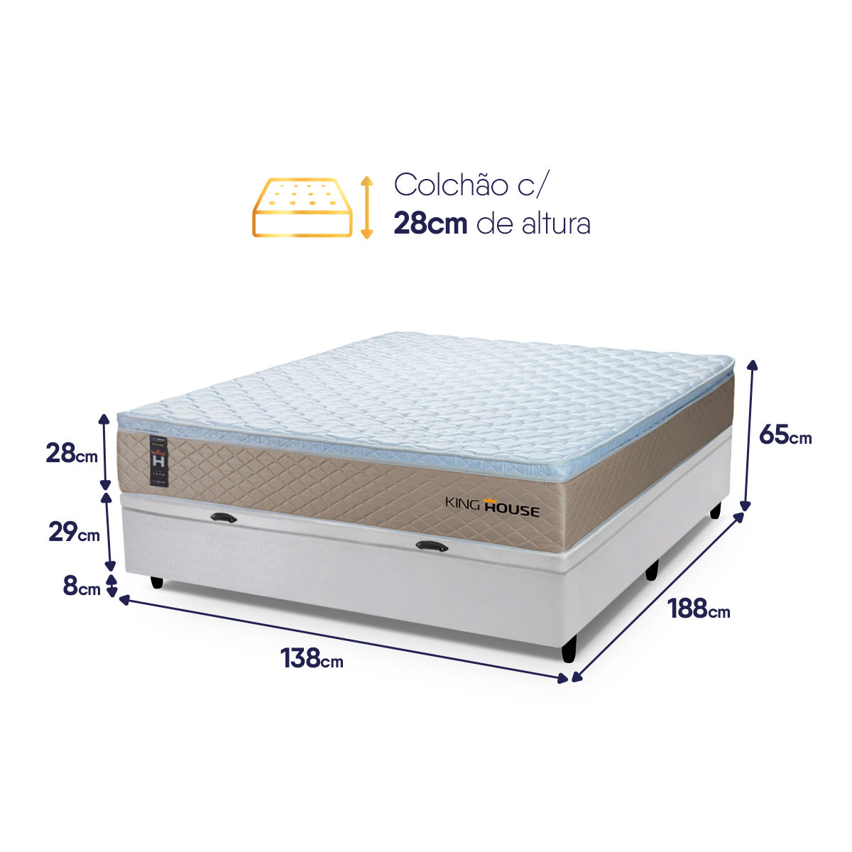 Cama Box Baú Alford 138x188 Bege e Branco c/ Molas Ensacadas Espuma D26 Suporta 110 kg