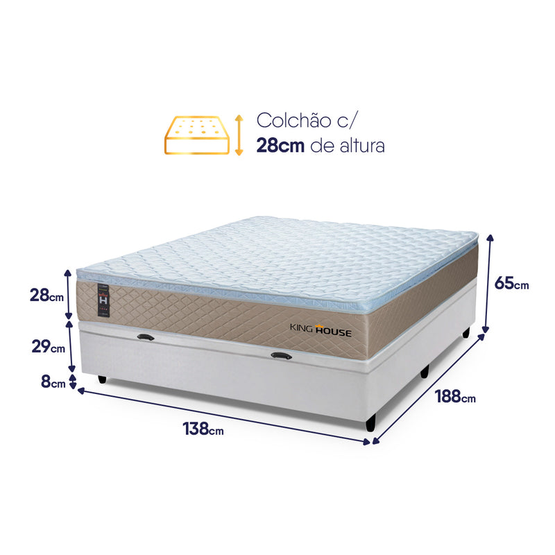 Cama Box Baú Alford 138x188 Bege e Branco c/ Molas Ensacadas Espuma D26 Suporta 110 kg
