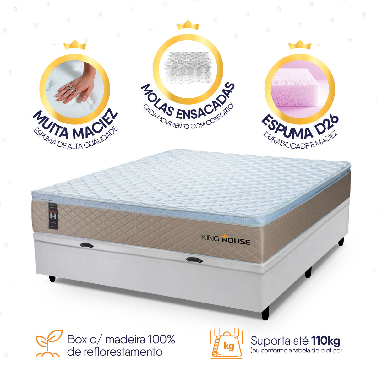 Cama Box Baú Alford 138x188 Bege e Branco c/ Molas Ensacadas Espuma D26 Suporta 110 kg