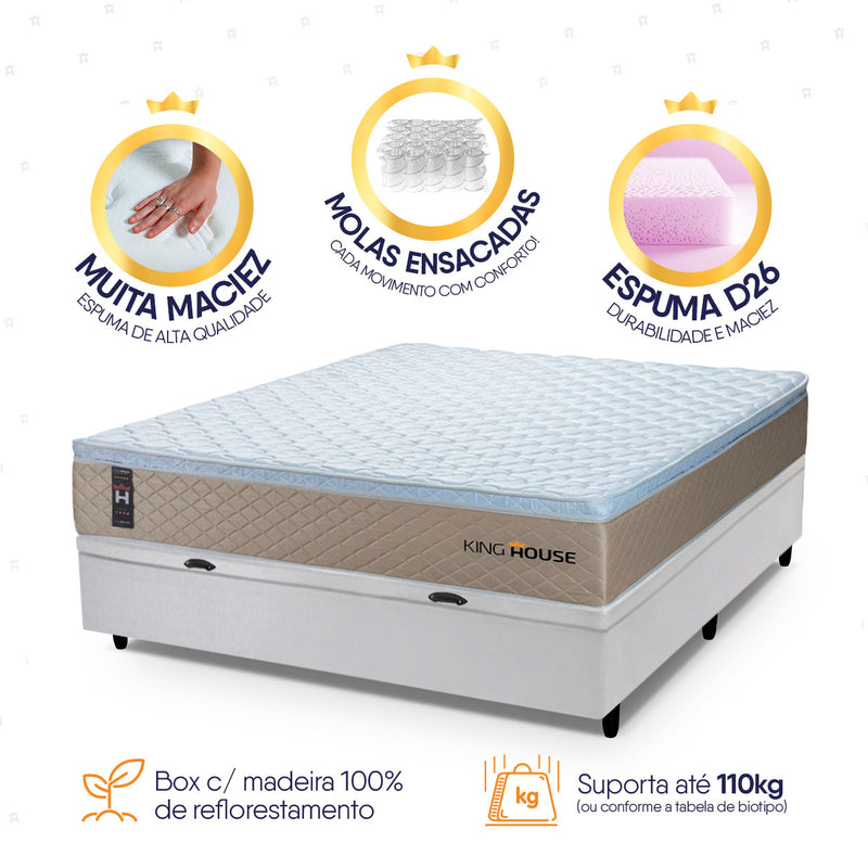 Cama Box Baú Alford 138x188 Bege e Branco c/ Molas Ensacadas Espuma D26 Suporta 110 kg