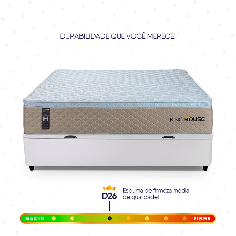 Cama Box Baú Alford 138x188 Bege e Branco c/ Molas Ensacadas Espuma D26 Suporta 110 kg