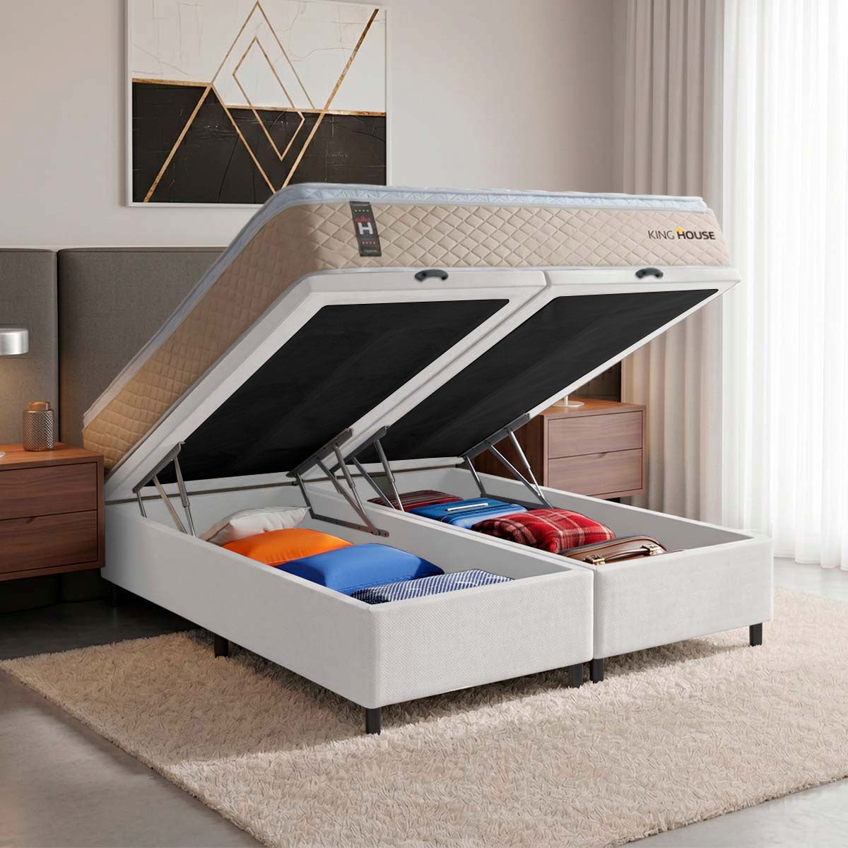 Cama Box Baú Alford c/ Molas Ensacadas 193x203 Bege e Branco Espuma D26 Suporta 110 kg