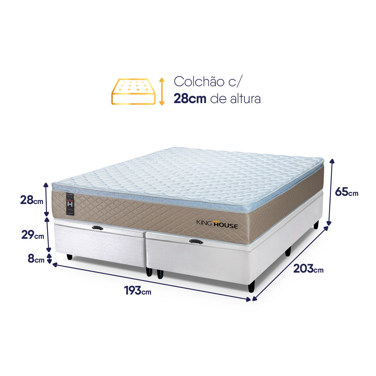 Cama Box Baú Alford c/ Molas Ensacadas 193x203 Bege e Branco Espuma D26 Suporta 110 kg