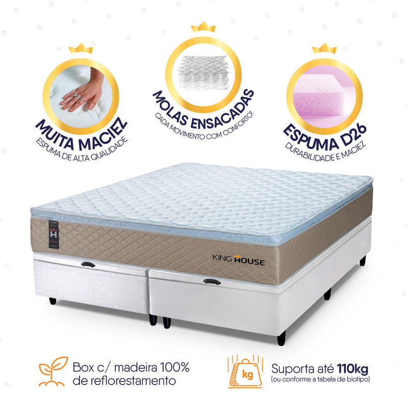 Cama Box Baú Alford c/ Molas Ensacadas 193x203 Bege e Branco Espuma D26 Suporta 110 kg