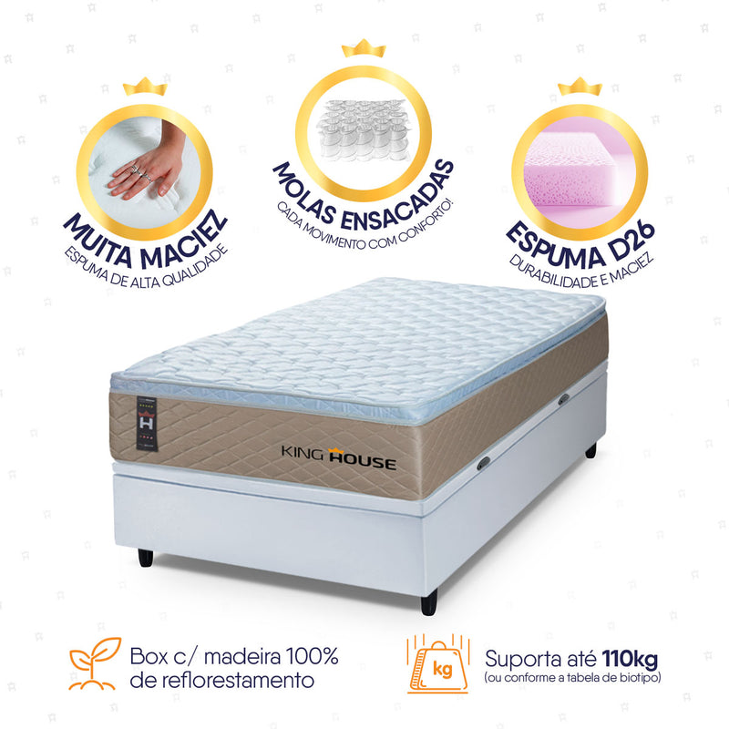 Cama Box Baú Alford 88x188 Bege e Branco c/ Molas Ensacadas Espuma D26 Suporta 110 kg