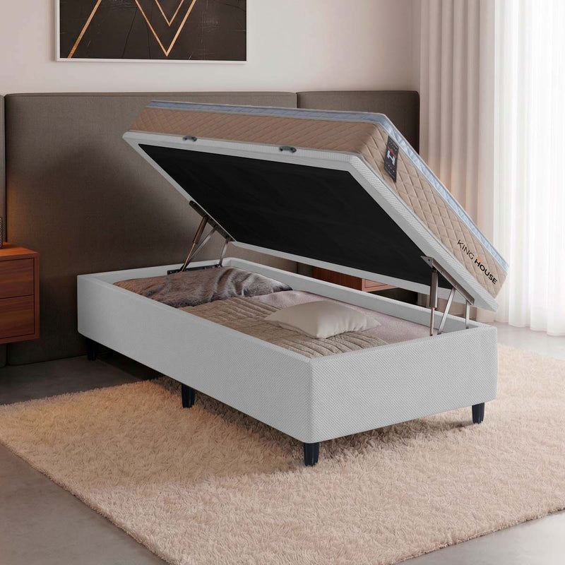 Cama Box Baú Alford 96x203 Bege e Branco c/ Molas Ensacadas Espuma D26 Suporta 110 kg