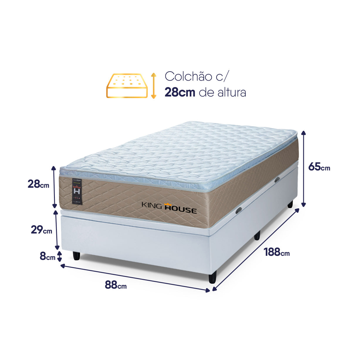 Cama Box Baú Alford 96x203 Bege e Branco c/ Molas Ensacadas Espuma D26 Suporta 110 kg
