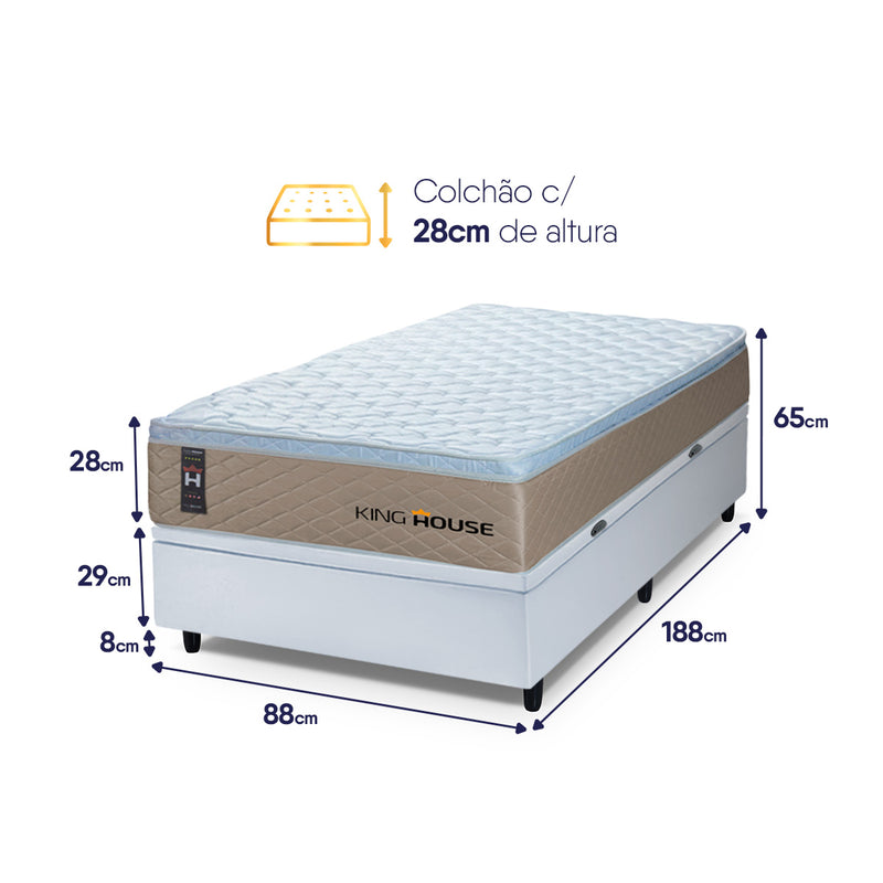 Cama Box Baú Alford 96x203 Bege e Branco c/ Molas Ensacadas Espuma D26 Suporta 110 kg