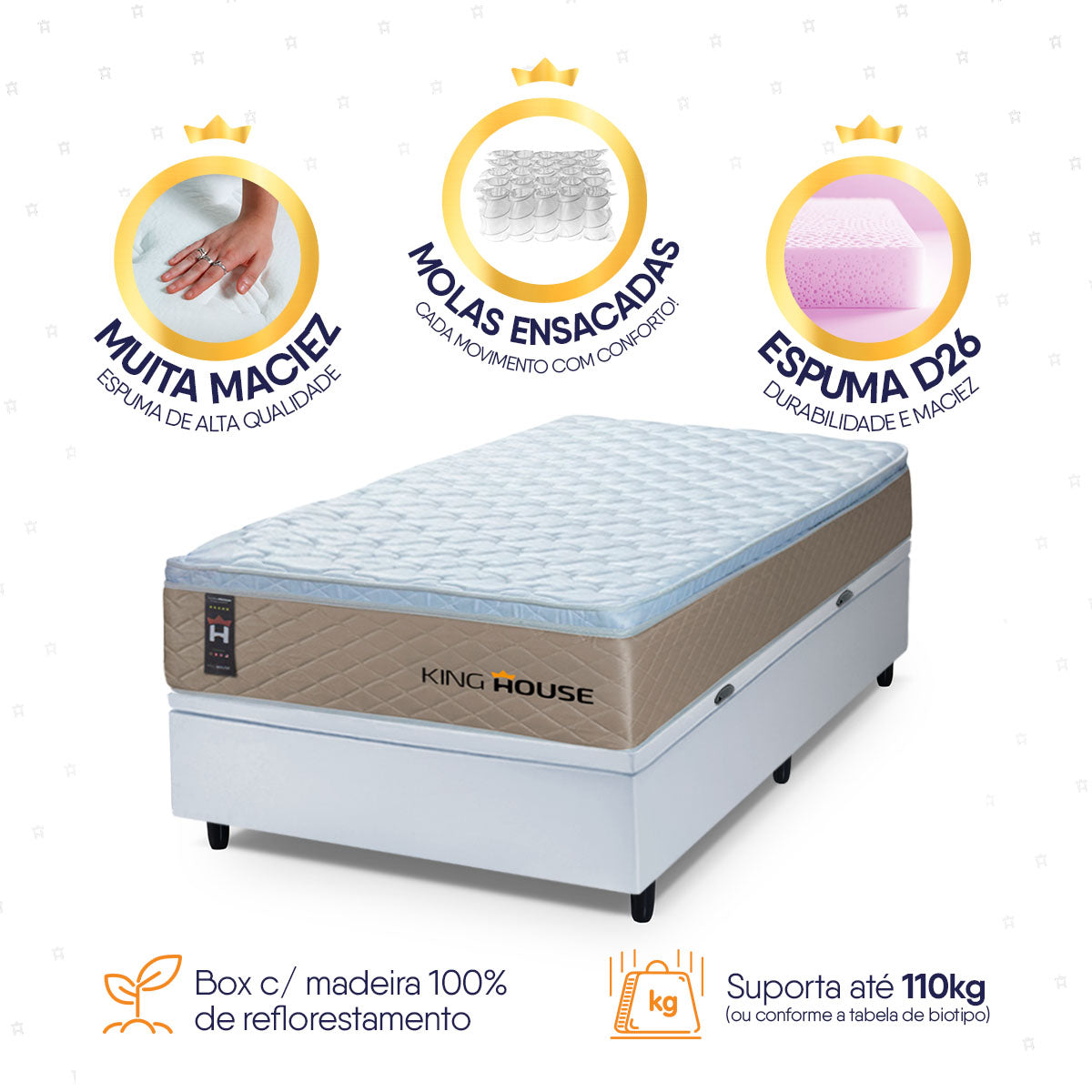 Cama Box Baú Alford 96x203 Bege e Branco c/ Molas Ensacadas Espuma D26 Suporta 110 kg