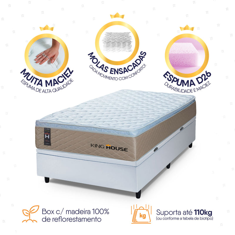 Cama Box Baú Alford 96x203 Bege e Branco c/ Molas Ensacadas Espuma D26 Suporta 110 kg