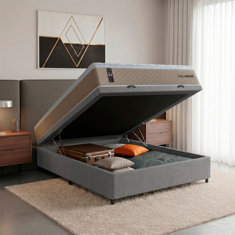Cama Box Baú Alford 138x188 Bege e Cinza c/ Molas Ensacadas Espuma D26 Suporta 110 kg