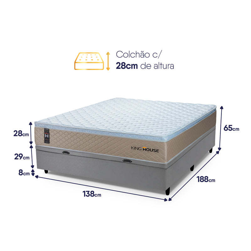 Cama Box Baú Alford 138x188 Bege e Cinza c/ Molas Ensacadas Espuma D26 Suporta 110 kg