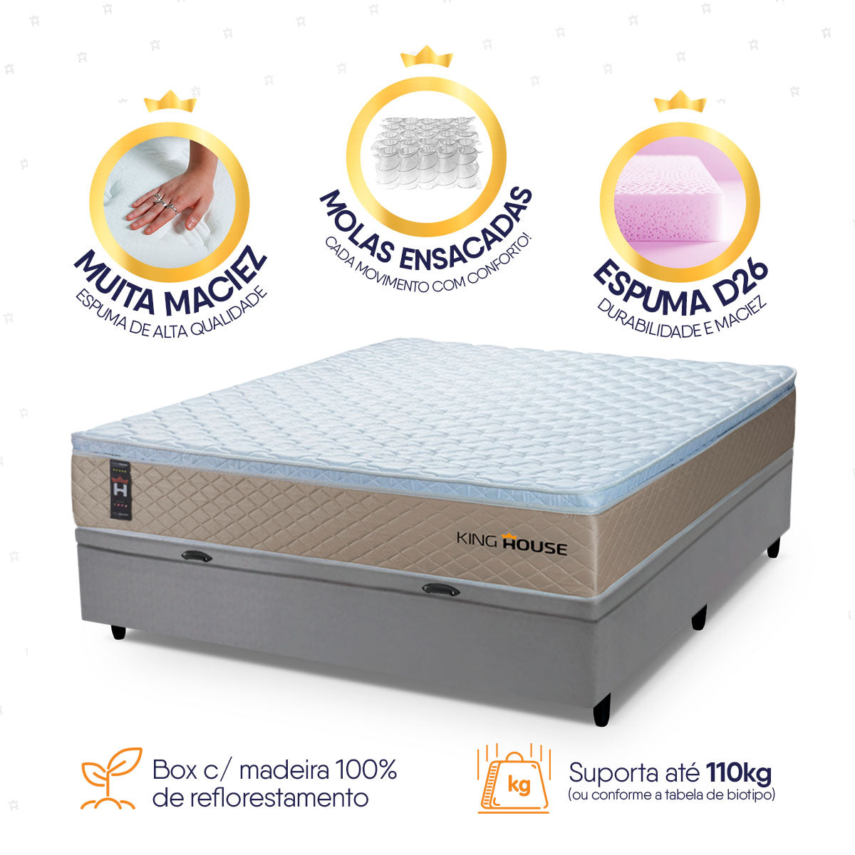 Cama Box Baú Alford 138x188 Bege e Cinza c/ Molas Ensacadas Espuma D26 Suporta 110 kg