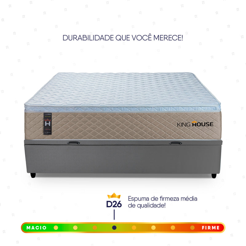 Cama Box Baú Alford 138x188 Bege e Cinza c/ Molas Ensacadas Espuma D26 Suporta 110 kg