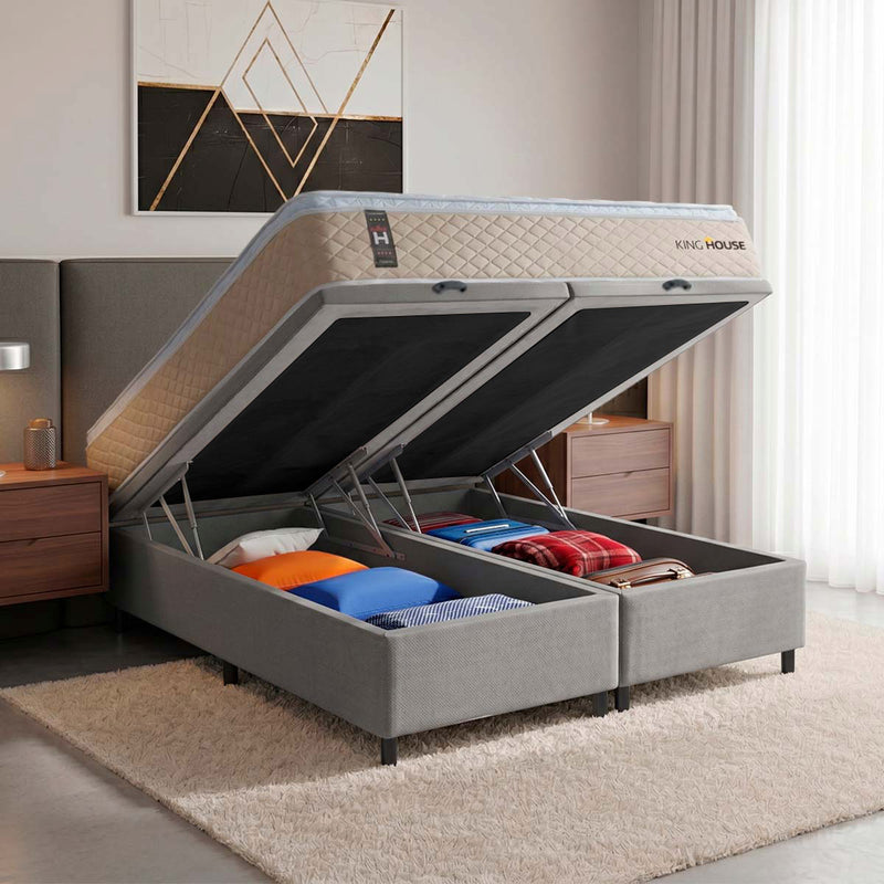 Cama Box Baú Alford c/ Molas Ensacadas 158x198 Bege e Cinza Espuma D26 Suporta 110 kg