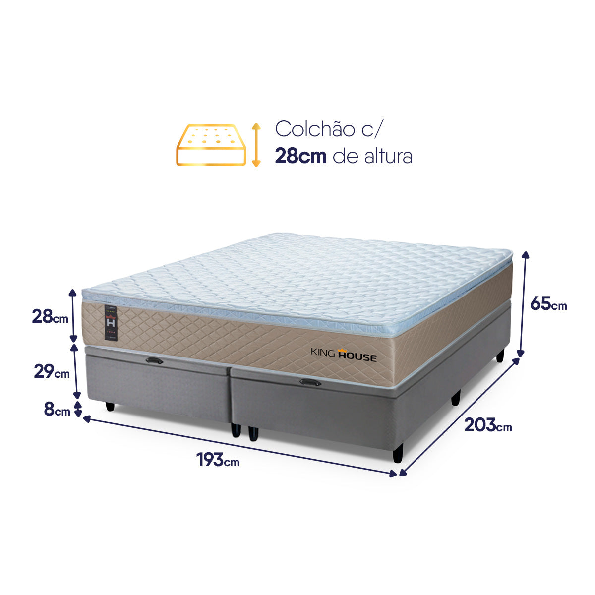 Cama Box Baú Alford c/ Molas Ensacadas 193x203 Bege e Cinza Espuma D26 Suporta 110 kg