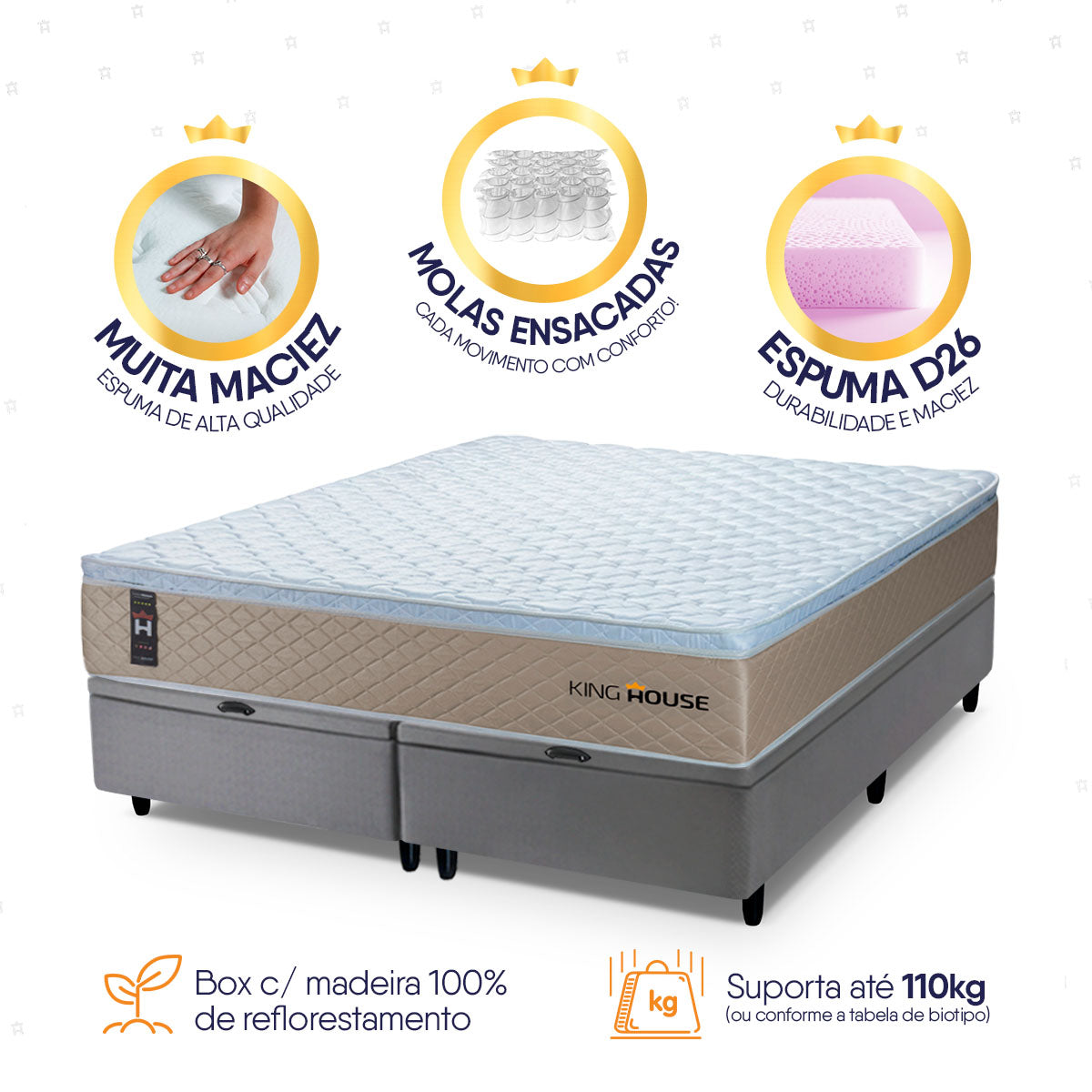 Cama Box Baú Alford c/ Molas Ensacadas 193x203 Bege e Cinza Espuma D26 Suporta 110 kg
