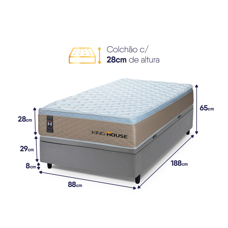 Cama Box Baú Alford 88x188 Bege e Cinza c/ Molas Ensacadas Espuma D26 Suporta 110 kg