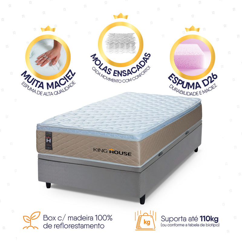 Cama Box Baú Alford 88x188 Bege e Cinza c/ Molas Ensacadas Espuma D26 Suporta 110 kg