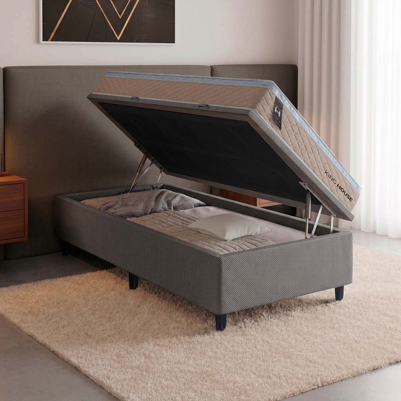 Cama Box Baú Alford 96x203 Bege e Cinza c/ Molas Ensacadas Espuma D26 Suporta 110 kg